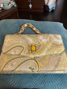 Banana Republic Yellow Paisley Clutch with Jeweled Floral Clasp